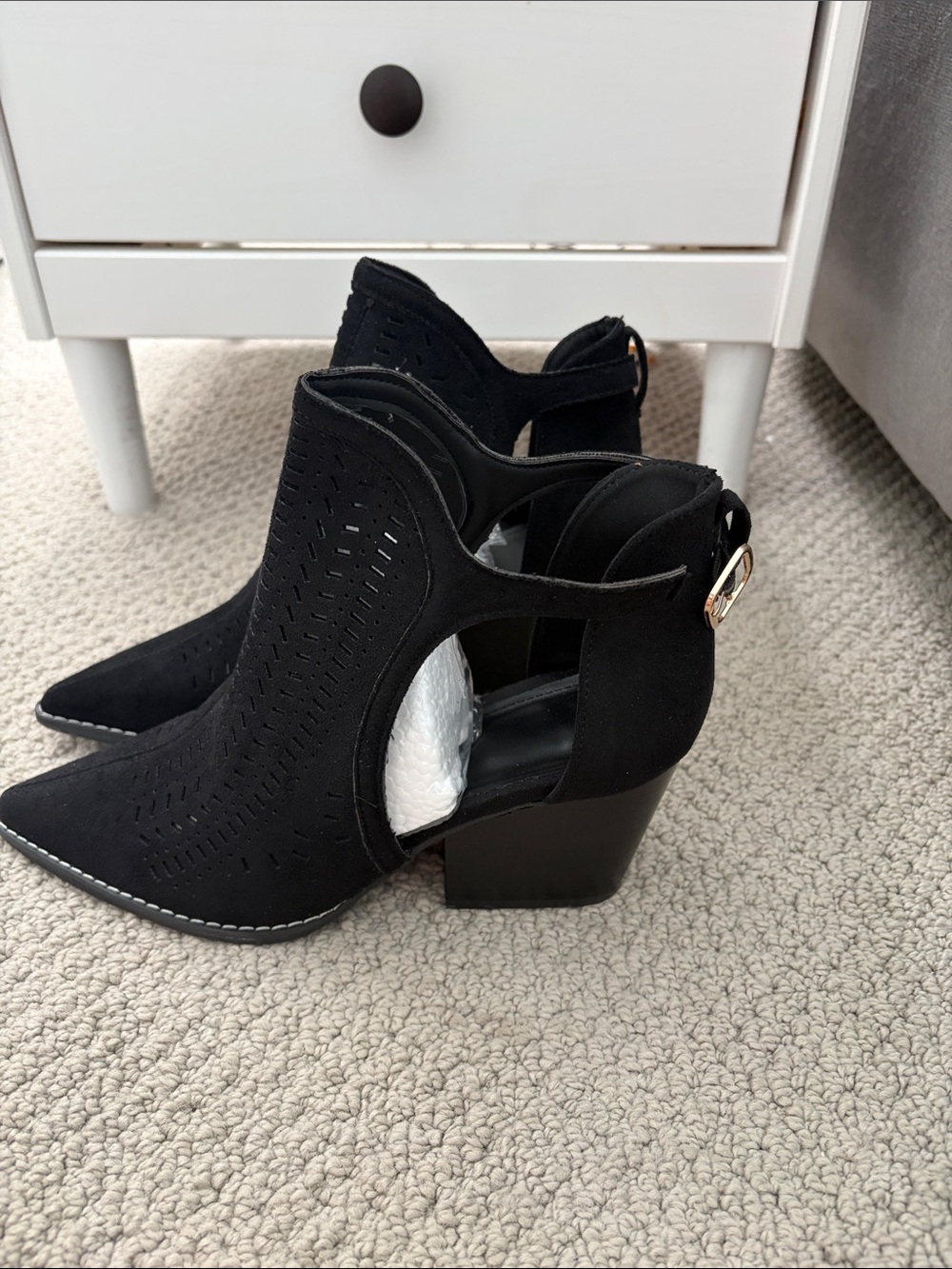 Pointed Toe Perforated Black Suede Ankle Booties - Picture 2 of 4